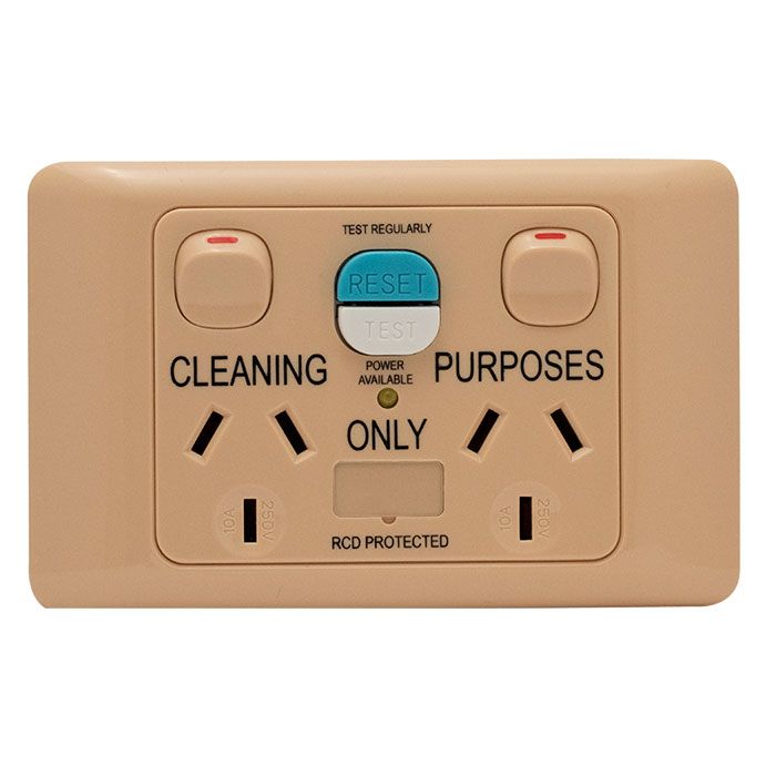 Socket Outlets Switched 10 Amp 250Va.c. with RCD 230-240Va.c. 20 Amp Type 1 10mA, marked “CLEANING PURPOSES ONLY”