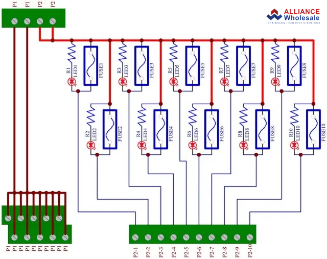 Fuse-Mod10-xA - AC/DC 5~32V Panel Mount 10 Position Power Distribution Fuse Module