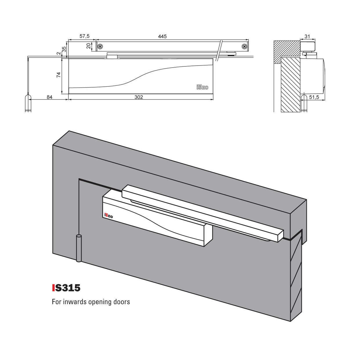 IS315 - ISEO Hydraulic door closer, slide track