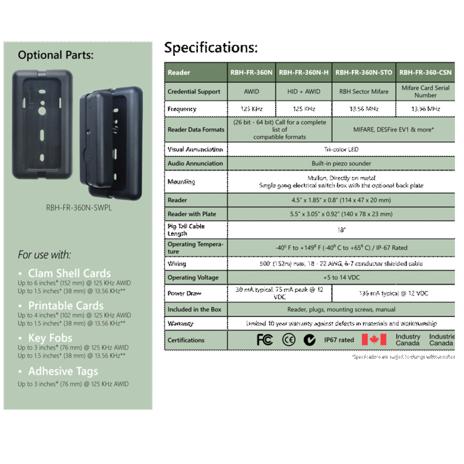 RBH-FR-360N-STO - RBH - Mullion Smartcard Reader; Reads SECTOR of MIFARE cards