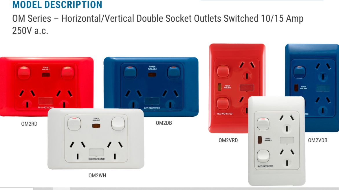 OM Series – Horizontal/Vertical Double Socket Outlets Switched 10/15 Amp 250V a.c.