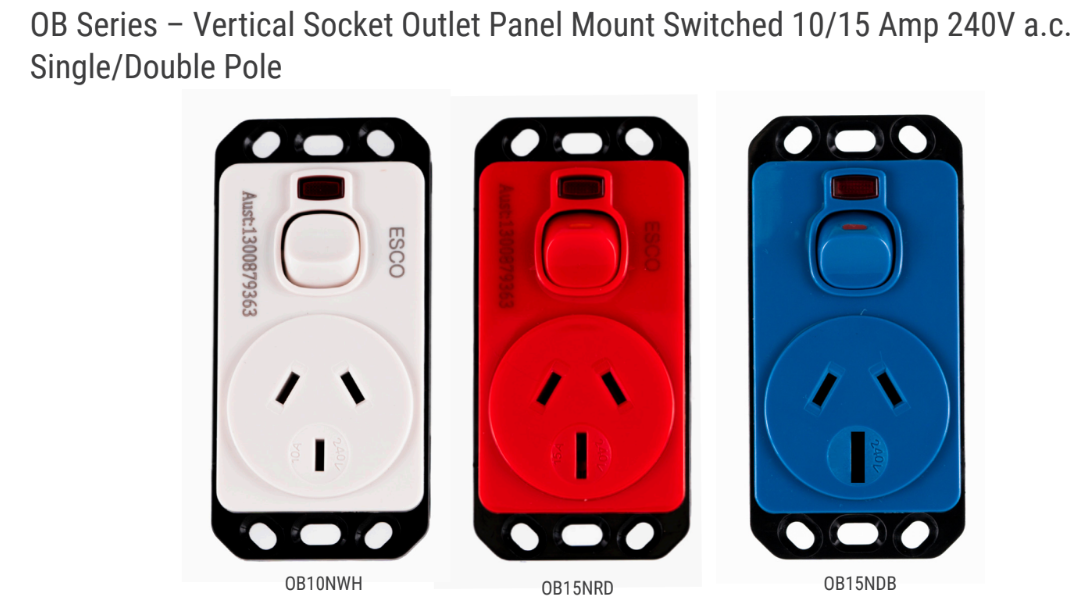 Meditek OB Series – Vertical Socket Outlet Panel Mount Switched 10/15 Amp 240V a.c. Single/Double Pole