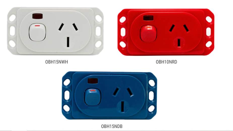 Meditek OB Series – Horizontal Socket Outlet Panel Mount Switched 10/15 Amp 240Va.c. Single Pole