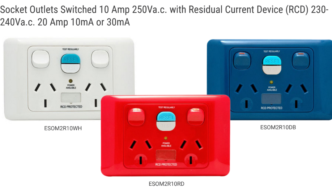 Socket Outlets Switched 10 Amp 250Va.c. with Residual Current Device (RCD) 230- 240Va.c. 20 Amp 10mA or 30mA