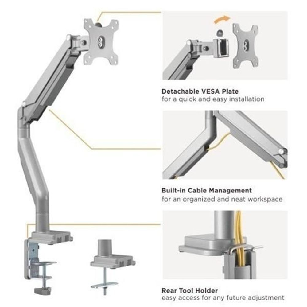 BT-DTM34-C012 - Bracom Gas Spring Single Aluminum Monitor Arm for 17"-32" Desk Mount