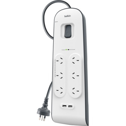 BSV604AU2M - Belkin 6-Outlets Surge Suppressor/Protector - 6 x AC Power, 2 x USB - 650 J - 5 V DC Output - 2 m - External