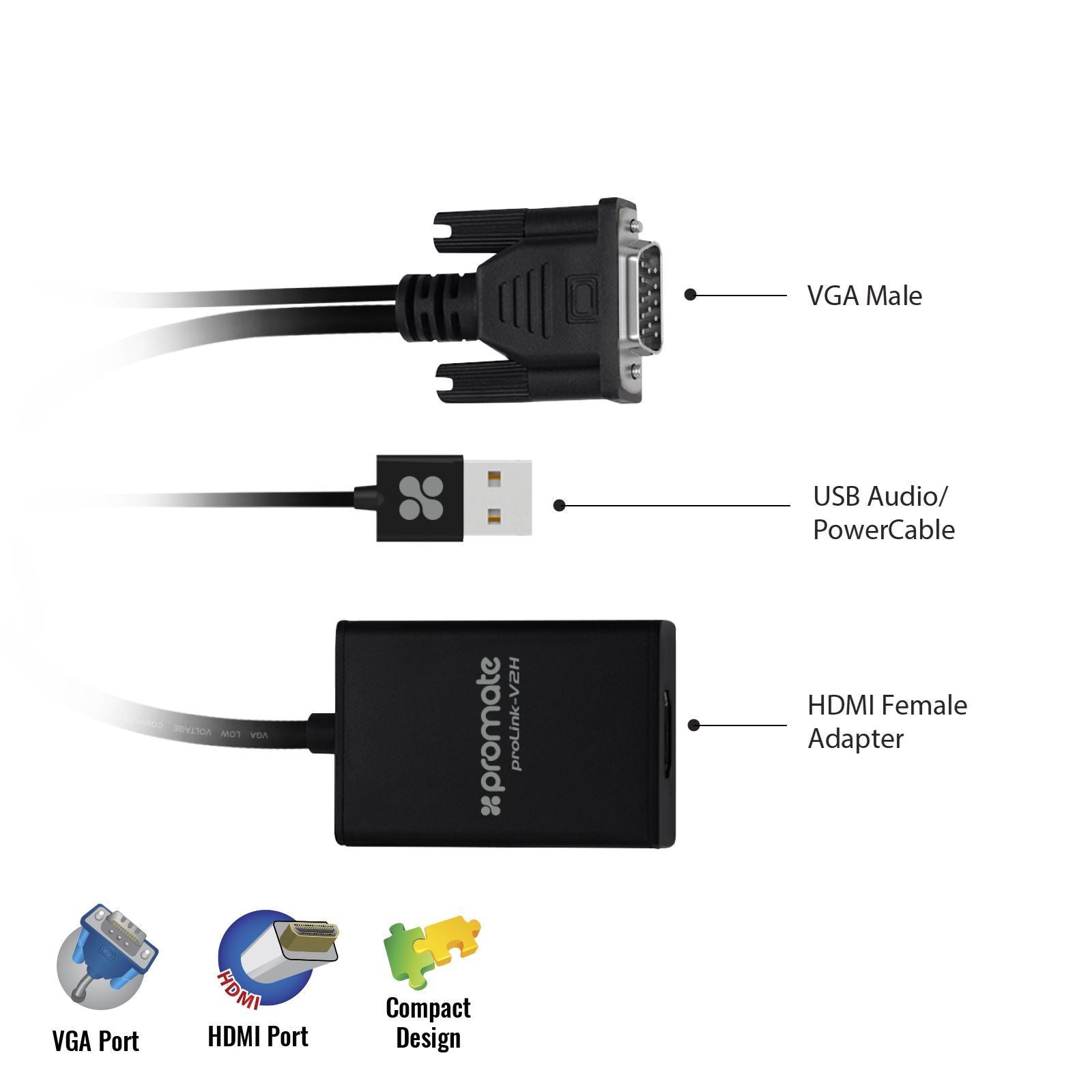 PROLINK-V2H.BLK - Promate VGA (Male) to HDMI (Female) Display Adaptor Kit with Audio.