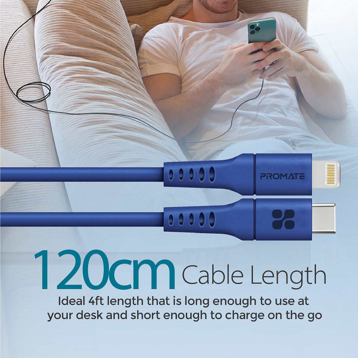 POWERLINK-120.BL - Promate 1.2m 20W PD USB-C to Lightning Charge & Sync Cable.