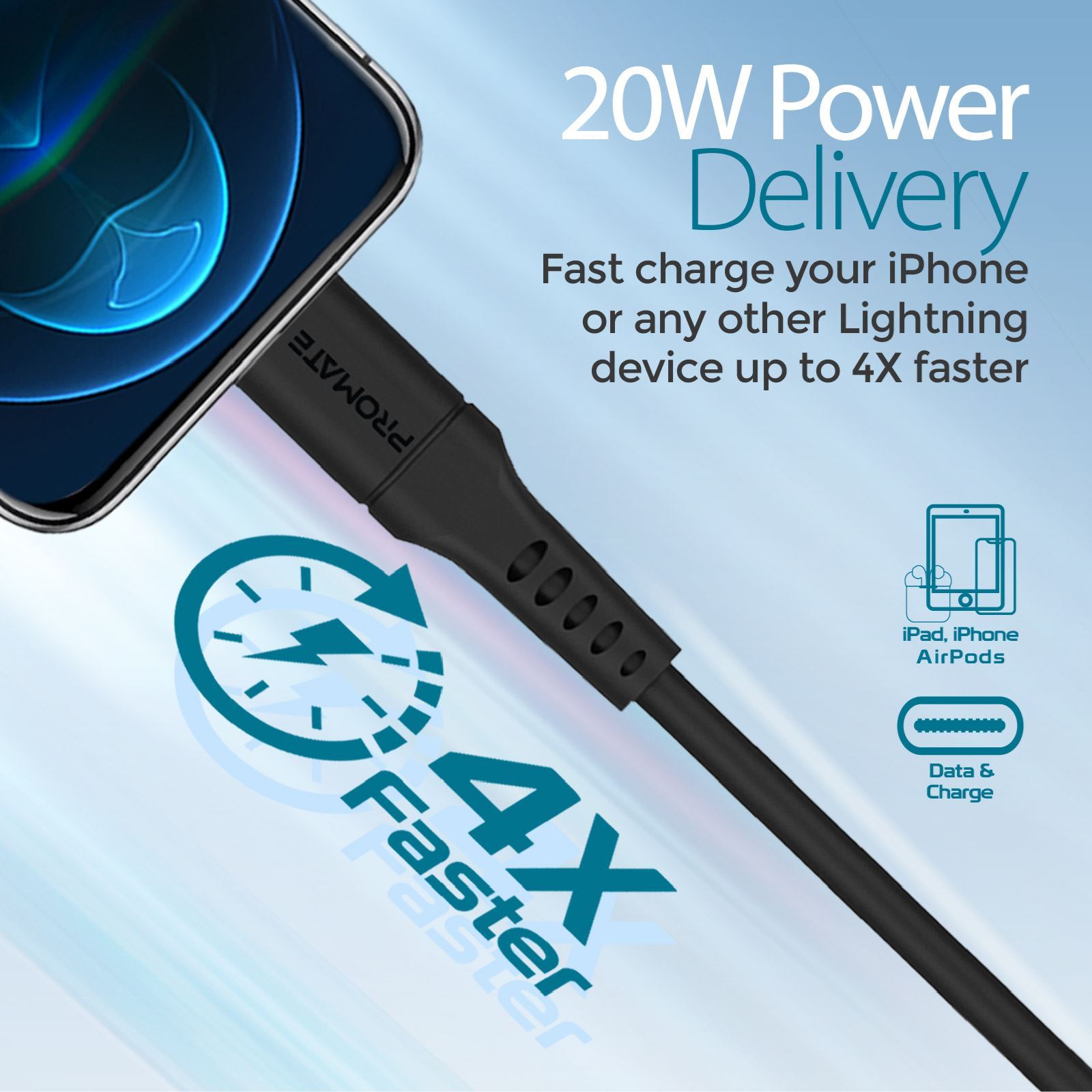 POWERLINK-200.BK - Promate 2m 20W PD USB-C to Lightning Charge & Sync Cable.