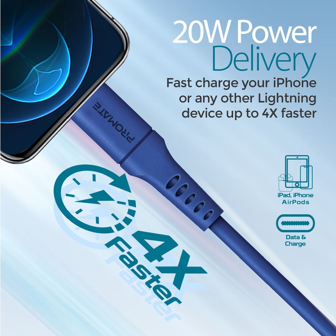 POWERLINK-300.BL - Promate 3m 20W PD USB-C to Lightning Charge & Sync Cable.