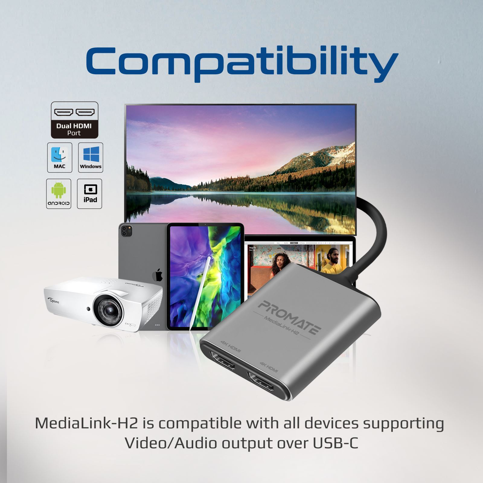 MEDIALINK-H2 - Promate 4K USB-C Connector to Dual HDMI Adapter.