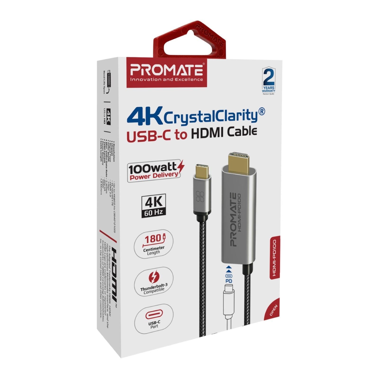 HDMI-PD100 - Promate 1.8m 4K USB-C to HDMI Cable with Gold Plated Connectors.