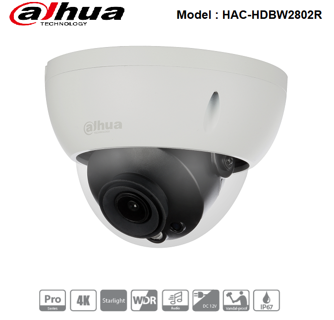 HAC-HDBW2802R Dahua - 8MP 4K Starlight HD-CVI Dome Camera 30m IR, 3.6mm Lens, WDR