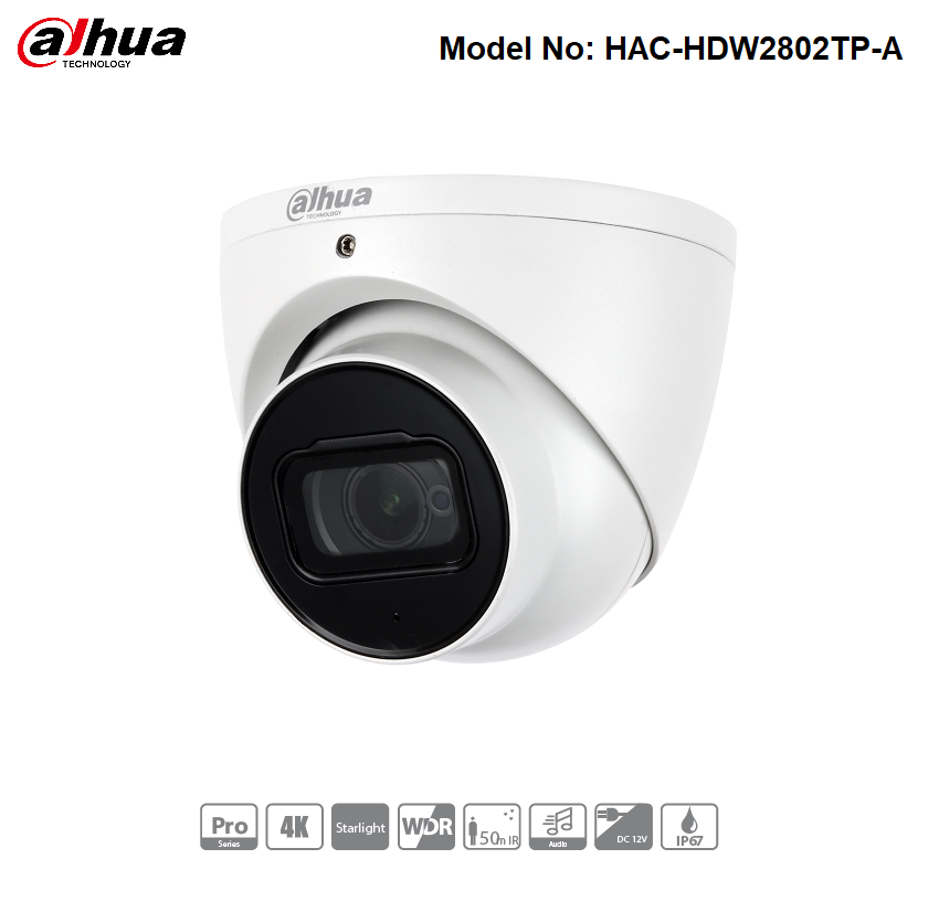 HAC-HDW2802TP-A Dahua - 8MP 4K Starlight HD-CVI Turret Camera 50m IR, 3.6mm Lens, WDR, Audio