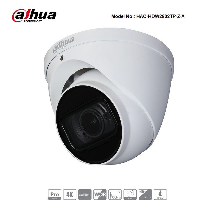 HAC-HDW2802TP-Z-A Dahua - 8MP 4K Starlight HD-CVI Turret Camera 60m IR, 3.7-11mm Motorized Lens, WDR, Audio