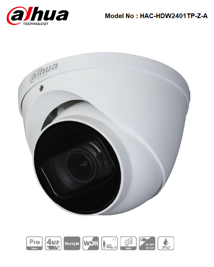 HAC-HDW2401TP-Z-A - Dahua - 4MP HD-CVI WDR IR Turret Camera 2.7-13.5mm Motorized Lens