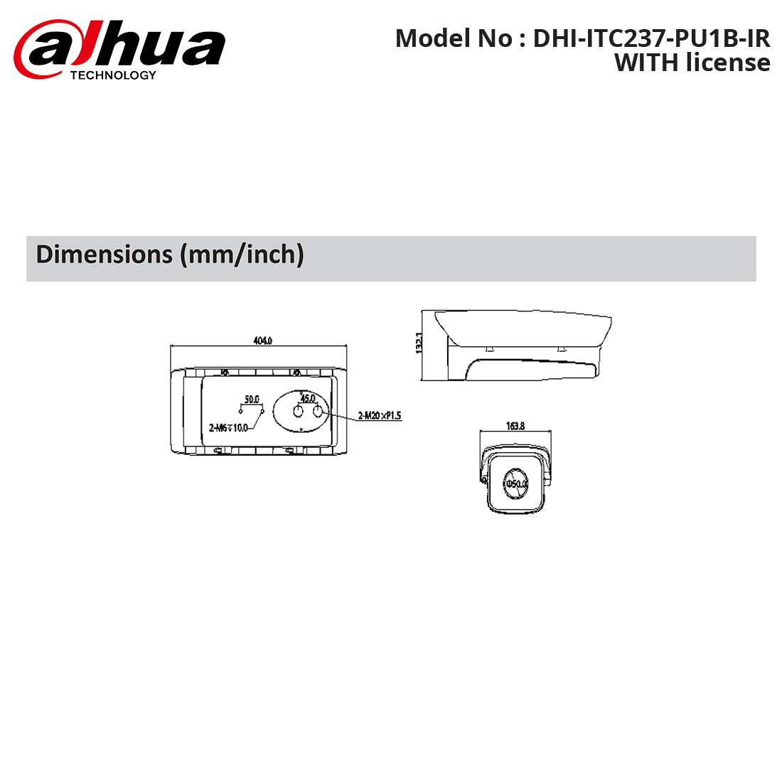 DHI-ITC237-PU1B-IR WITH license - Dahua - 2 Megapixel Full HD WDR Access ANPR Camera