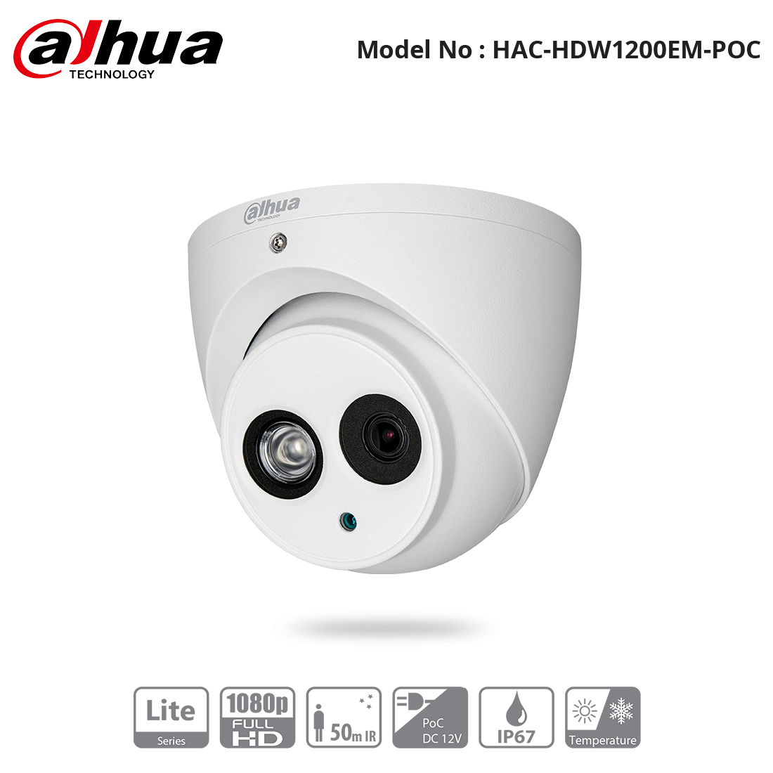 HAC-HDW1200EM-POC - Dahua - 2MP HDCVI PoC IR Eyeball Camera