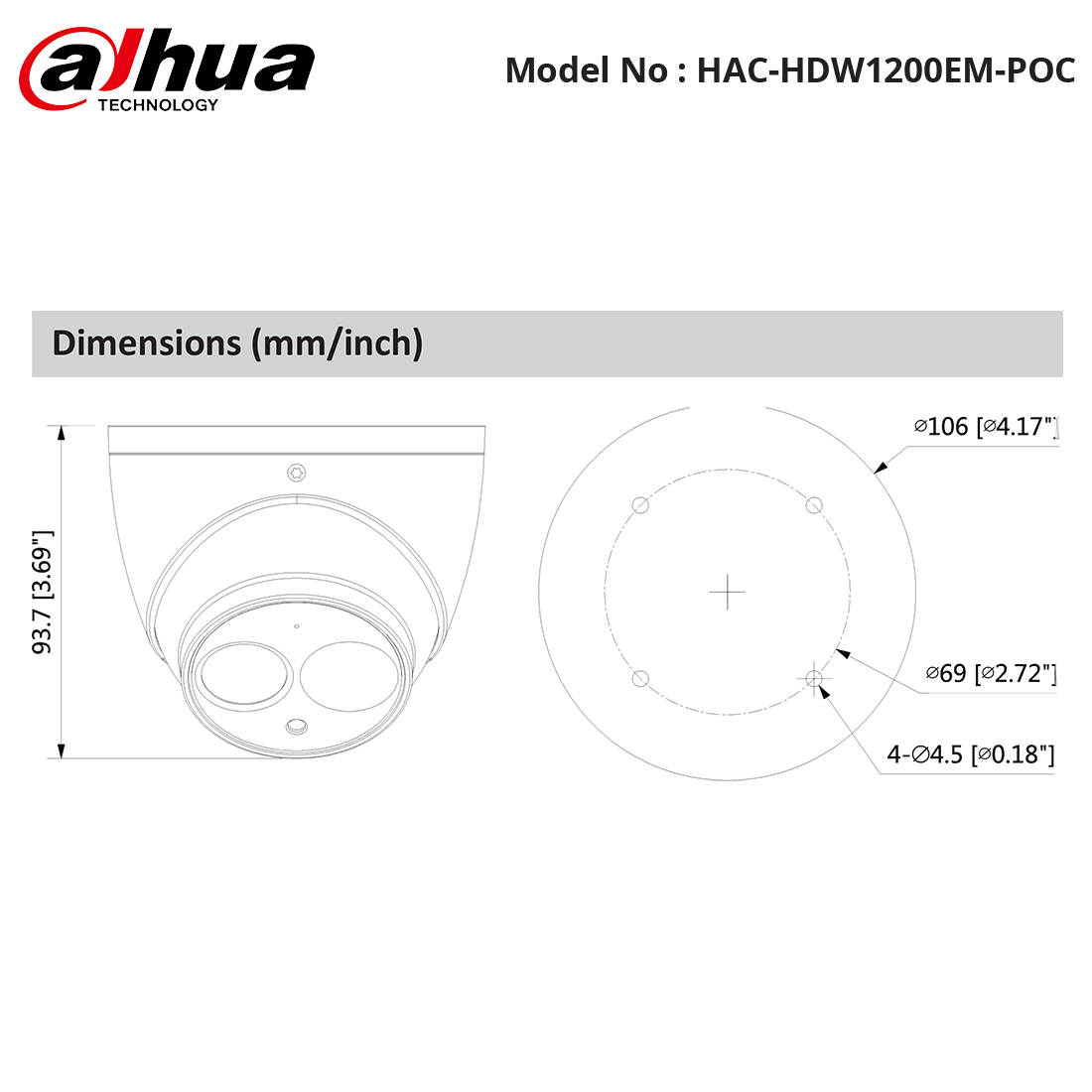 HAC-HDW1200EM-POC - Dahua - 2MP HDCVI PoC IR Eyeball Camera