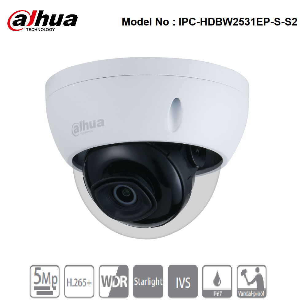 IPC-HDBW2531EP-S-S2 - Dahua - 5MP IP Vandal Dome Camera 30m IR, IVS, 2.8mm Lens