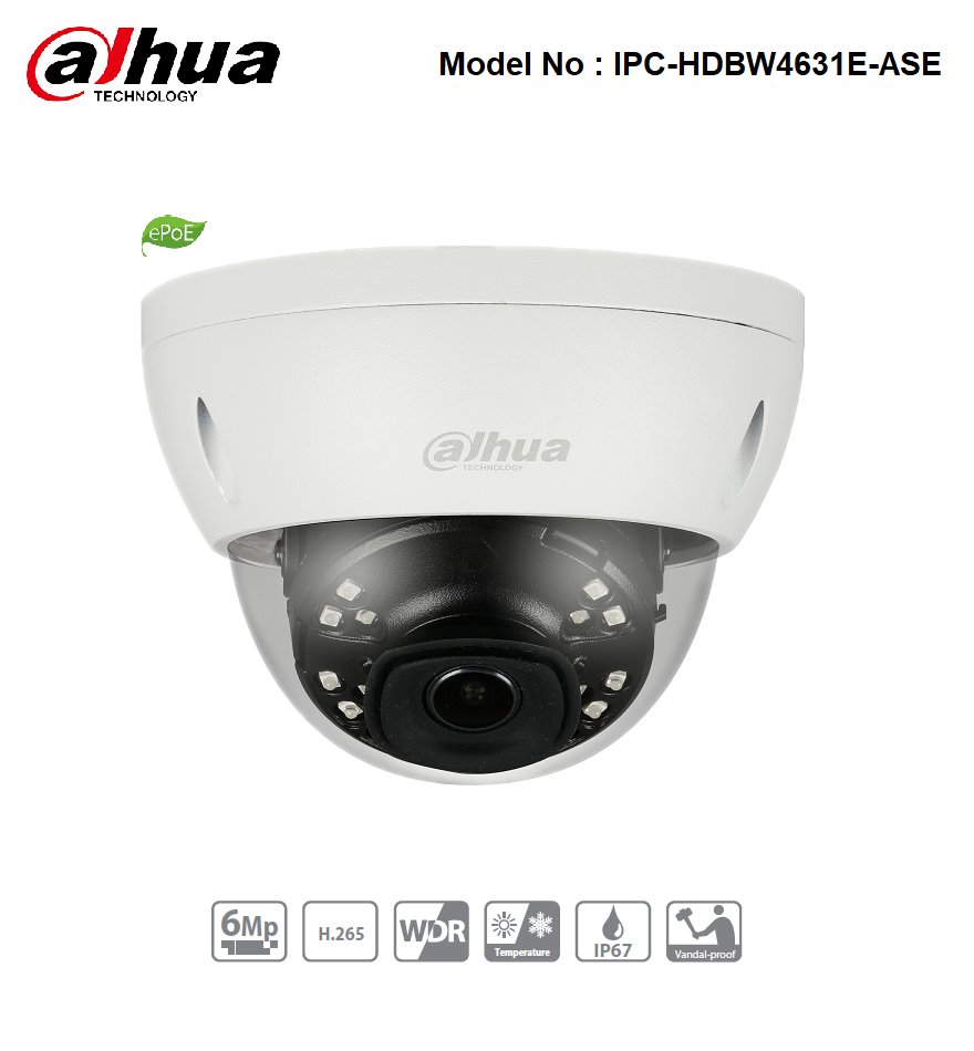 IPC-HDBW4631EP-ASE - Dahua - 6MP IP WDR Vandal Dome Camera, 2.8mm, 30m IR, ePoE