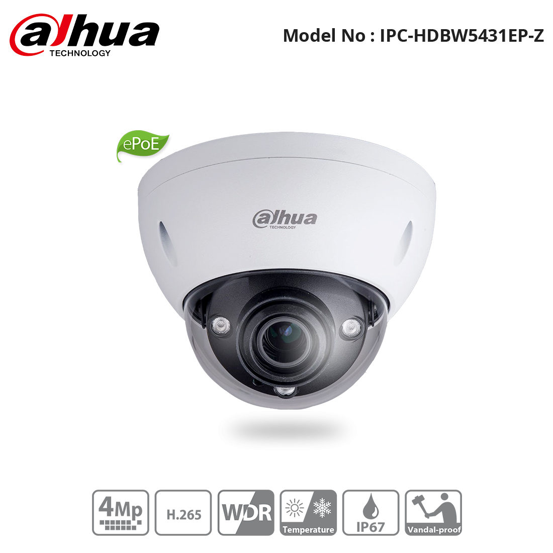 IPC-HDBW5431EP-Z - Dahua - 4MP Vandal Dome Motorized 2.7-13.5mm