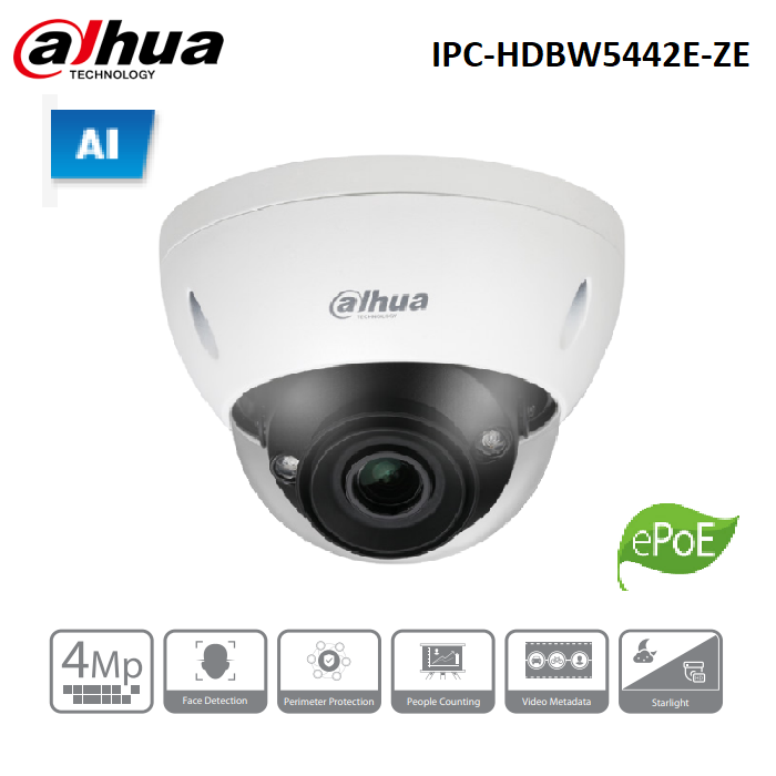 IPC-HDBW5442EP-ZE-2712 - Dahua - 4MP IP AI Vandal Dome Camera, True WDR, 30m IR, 2.7-12mm lens, ePoe