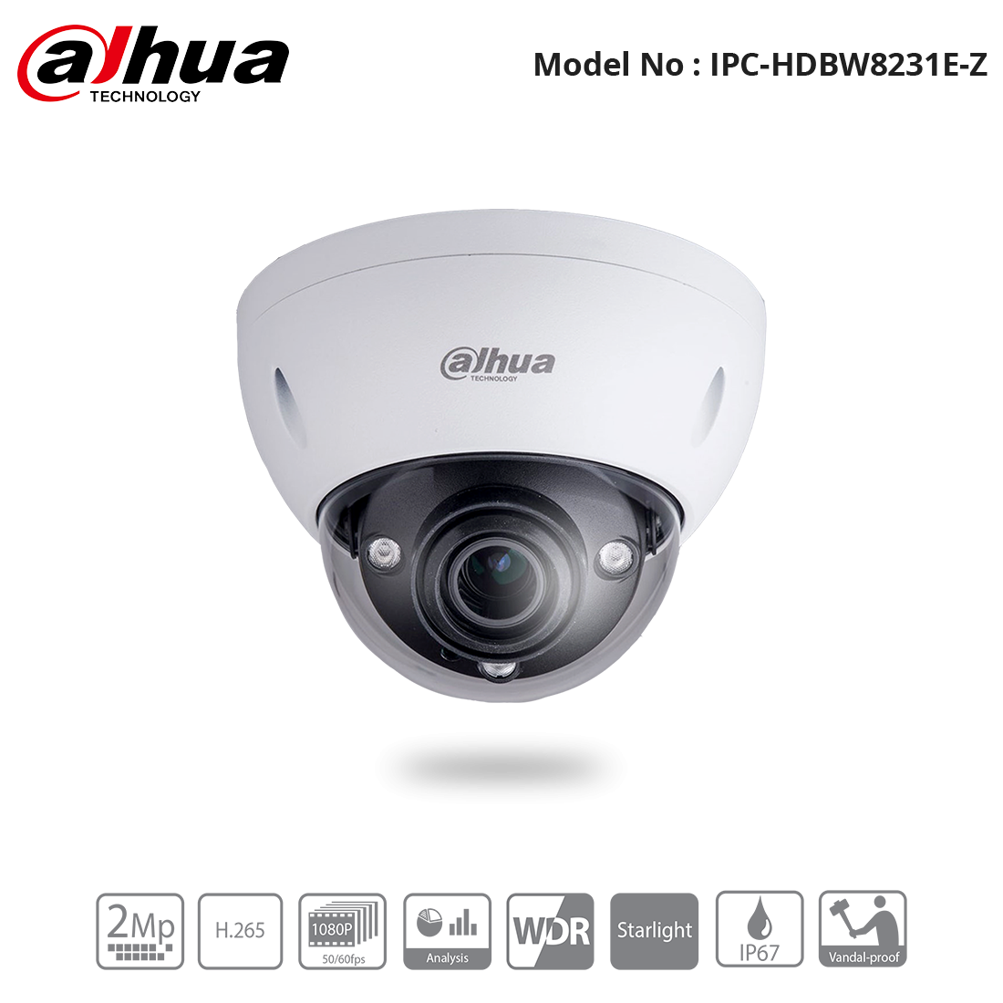 IPC-HDBW8231E-Z - Dahua - 2MP Starlight WDR ICR Vandal Dome, 50m IR IP67 Motorized 2.7-12mm