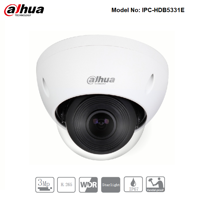 IPC-HDB5331E - Dahua 3MP IP Starvis Dome Camera, IVS, 1.85mm Lens