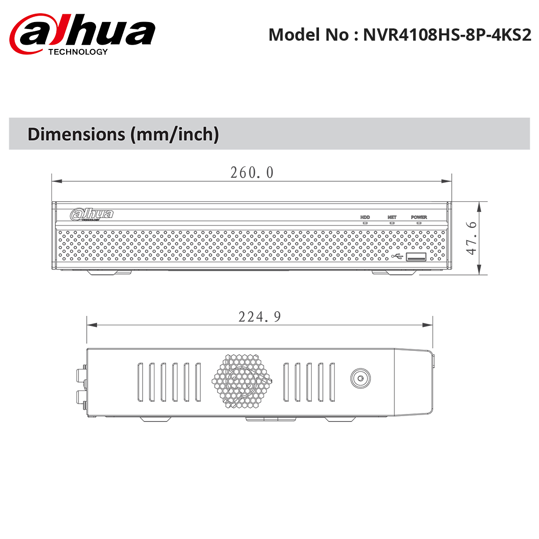 NVR4108HS-8P-4KS2 - Dahua - Lite Series NVR 8ch 1U 8PoE 4K&H.265