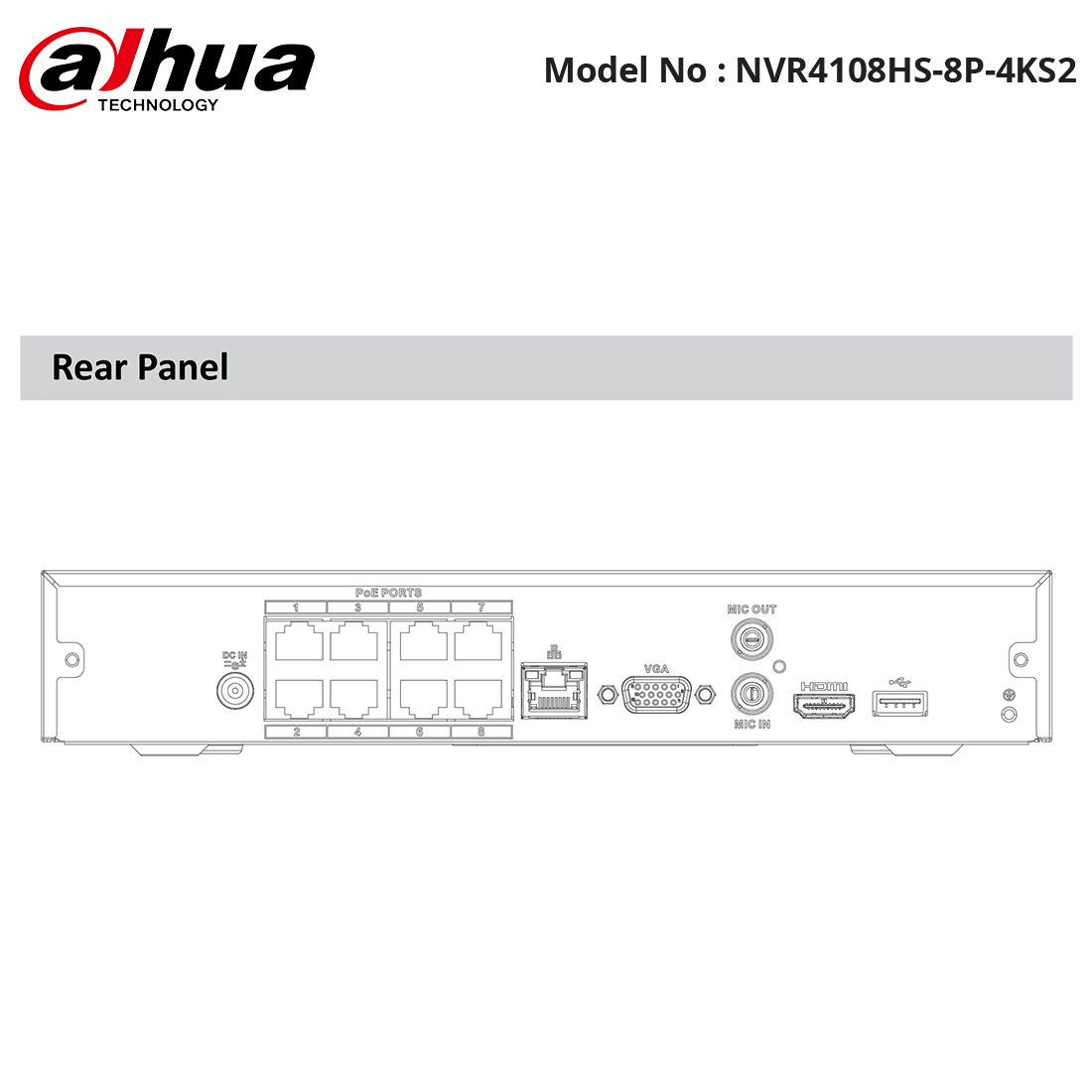 NVR4108HS-8P-4KS2 - Dahua - Lite Series NVR 8ch 1U 8PoE 4K&H.265