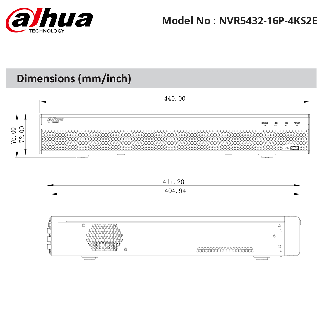 NVR5432-16P-4KS2E - Dahua - 32Ch NVR, 16 EPoE Ports, 4HDD Bays, 2 HDMI, Analytics, 320Mbps