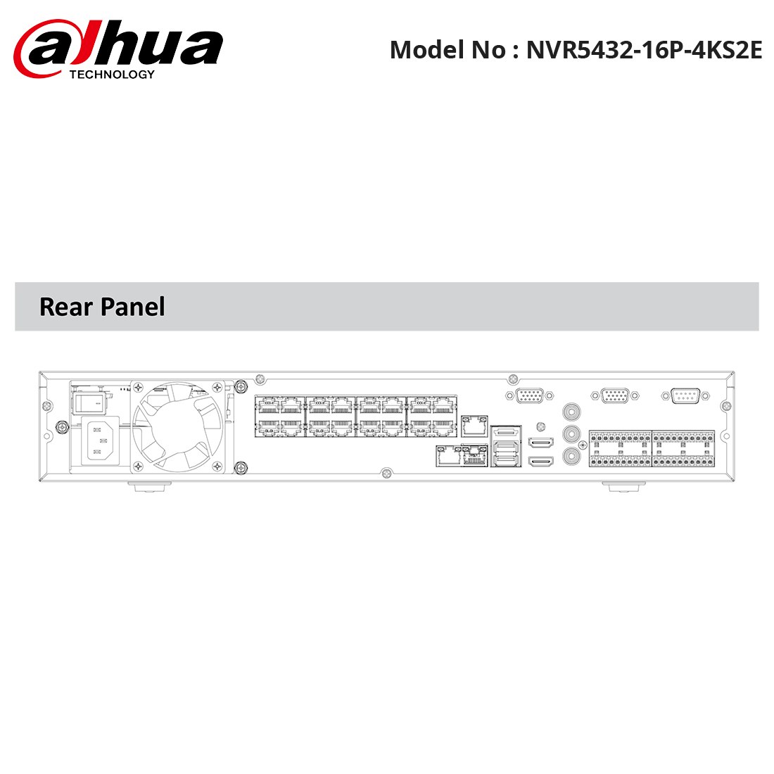 NVR5432-16P-4KS2E - Dahua - 32Ch NVR, 16 EPoE Ports, 4HDD Bays, 2 HDMI, Analytics, 320Mbps