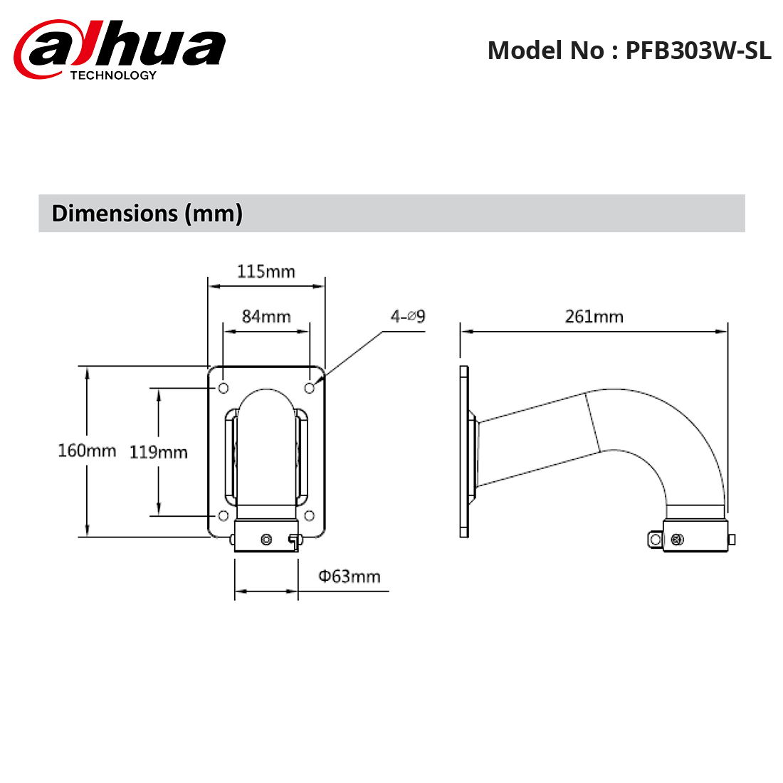 PFB303W-SL - Dahua - Stainless Steel Wall Mount for PTZ - SD60230U-HNI-SL